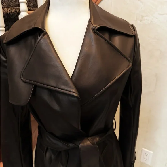 Tahari Dark Brown Faux Leather Trench Coat Never Worn - Picture 2 of 6